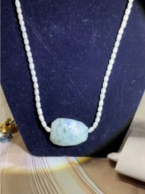 Freshwater Pearl Necklace With A Natural Prenite Gem